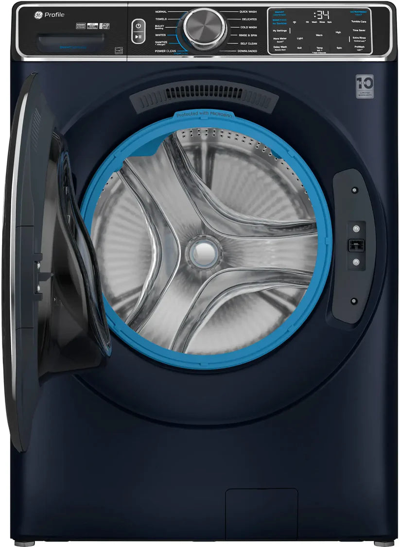 GE Profile - 5.3 Cu. Ft. High-Efficiency Stackable Smart Front Load Washer with Steam and UltraFresh Vent System+ With OdorBlock - Sapphire Blue